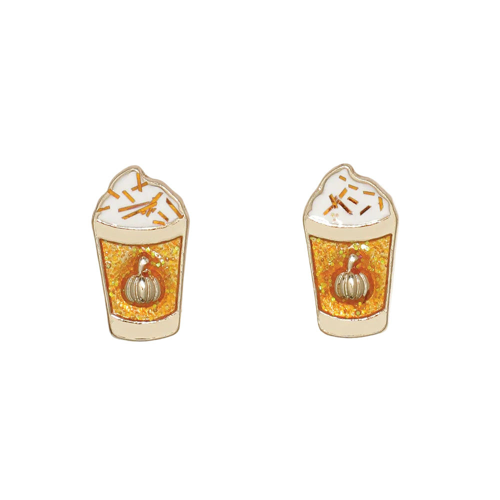 Cuties Earrings Pumpkin Spice Latte, playful miniature coffee cup dangled with coffee and autumn details, available at Be Charmed.