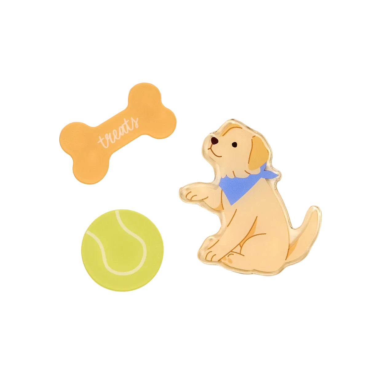 Dog-themed magnets shaped like a bone, dog, and tennis ball on a white background. Available at Be Charmed