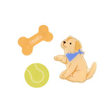 Dog-themed magnets shaped like a bone, dog, and tennis ball on a white background. Available at Be Charmed