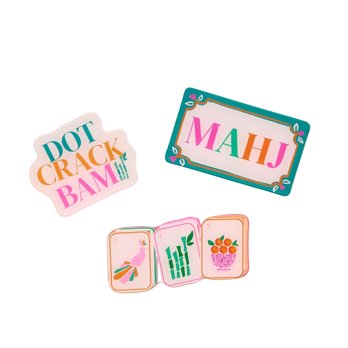 Set of colorful magnets with 'Dot Crack Bam' and 'MAHJ' text on a beige background. Available at Be Charmed