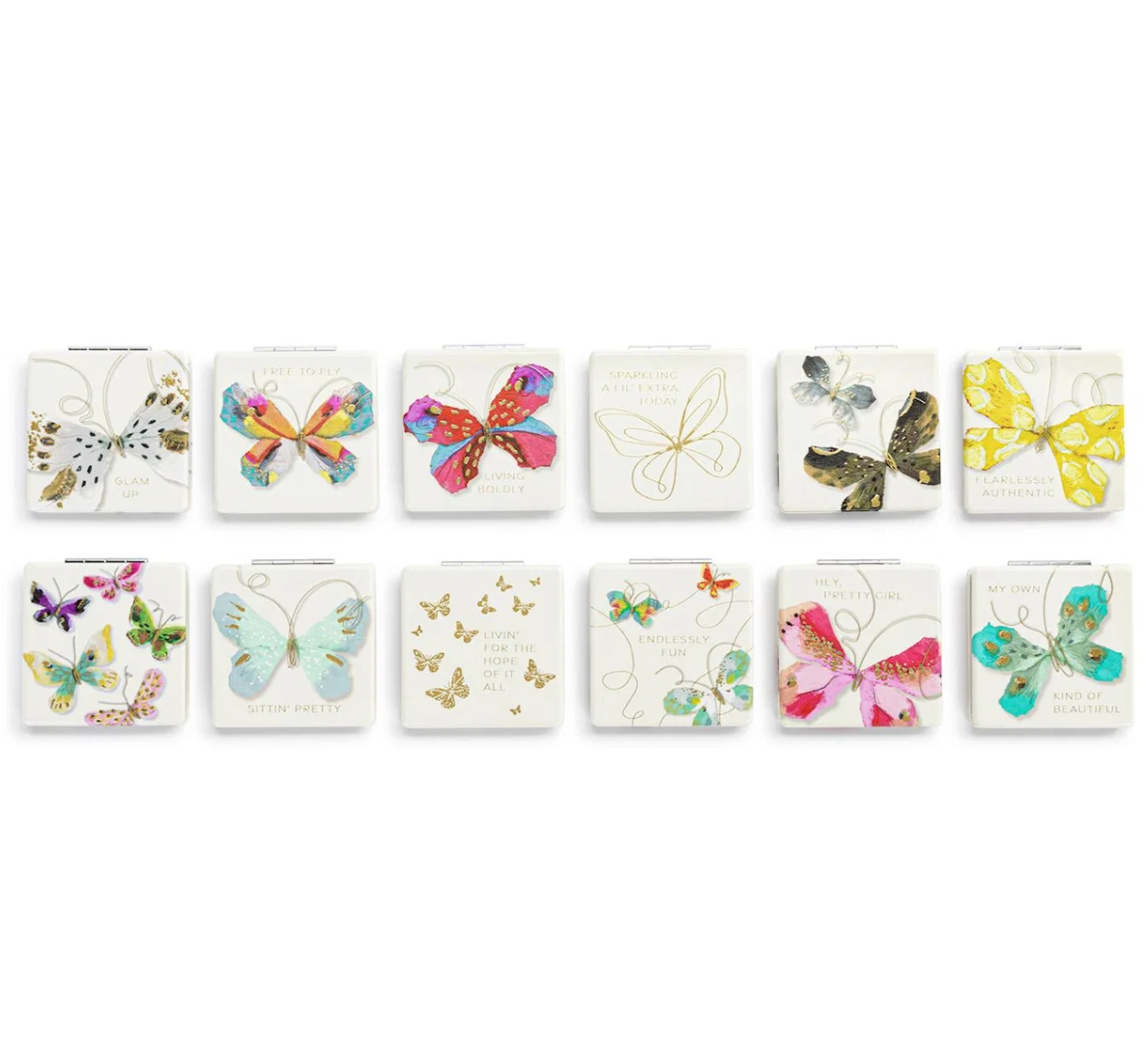 Demdaco butterfly pocket mirror featuring a colorful butterfly design on a compact silver case, available at Be Charmed