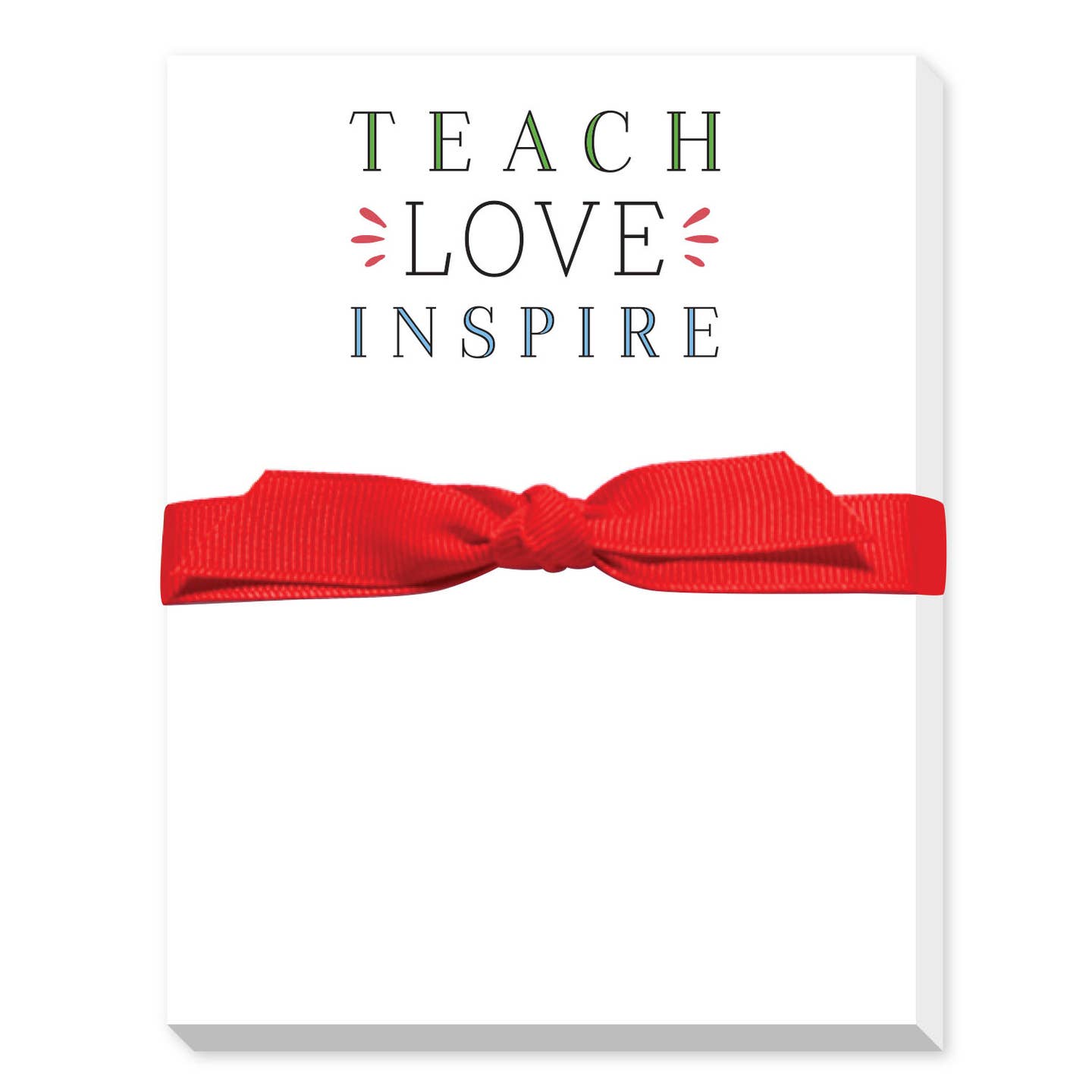 Notepad with a red ribbon on a white background and text 'TEACH LOVE INSPIRE'. Available at Be Charmed