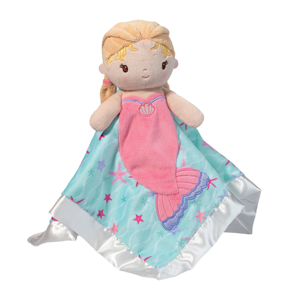 Plush snuggler with a mermaid design on a white background. Available at Be Charmed