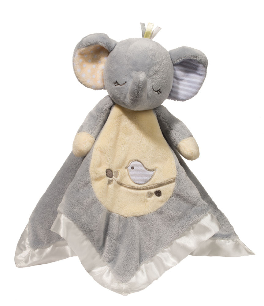 Gray elephant plush toy snuggler with a white ruffled edge on a white background. Available at Be Charmed