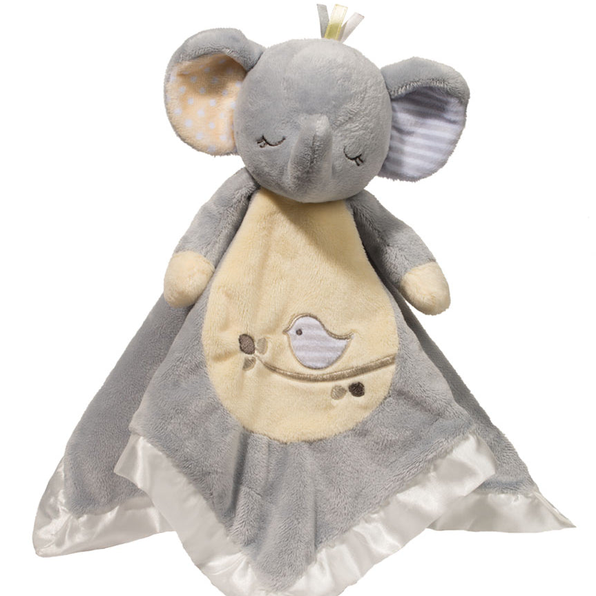 Gray elephant plush toy snuggler with a white ruffled edge on a white background. Available at Be Charmed