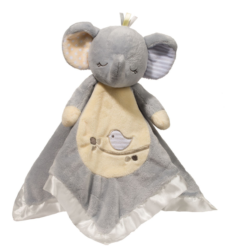 Gray elephant plush toy snuggler with a white ruffled edge on a white background. Available at Be Charmed