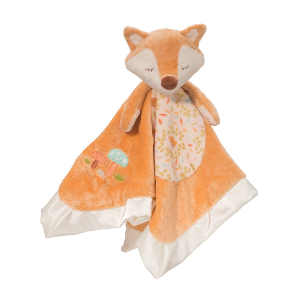 Fox-shaped plush snuggler with a patterned blanket on a white background. Available at Be Charmed