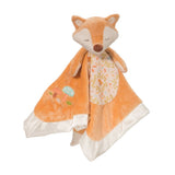 Fox-shaped plush snuggler with a patterned blanket on a white background. Available at Be Charmed