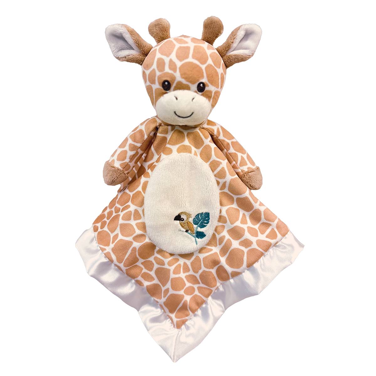 Plush giraffe snuggler with a patterned blanket on a white background. Available at Be Charmed
