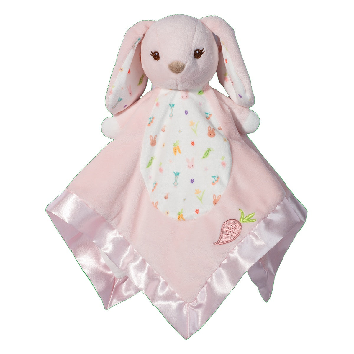Pink bunny-shaped security snuggler with colorful design on a white background. Available at Be Charmed