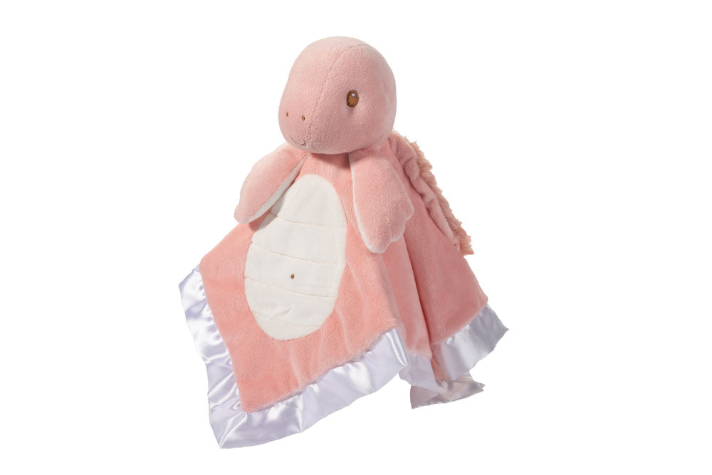 Pink plush snuggler with white ruffled trim on a white background. Available at Be Charmed