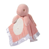 Pink plush snuggler with white ruffled trim on a white background. Available at Be Charmed
