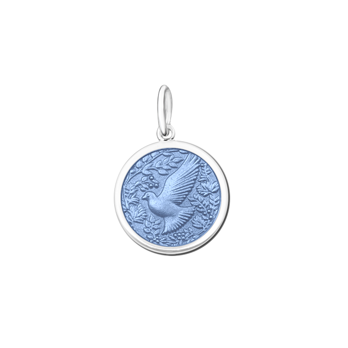 Lola muave blue silver dove pendant necklace with symbolic dove design, elegant everyday jewelry, Available at Be Charmed