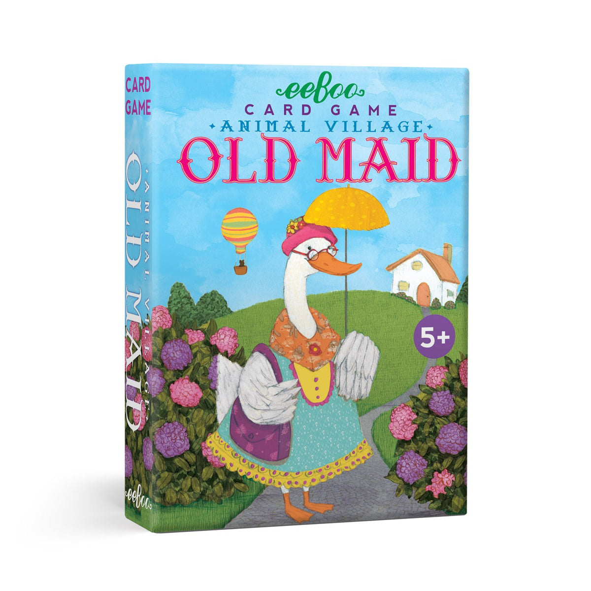 A box of eeBoo Animal Old Maid playing cards featuring an illustration of an old maid character with a pink hat and a purple bag, set against a floral background. Available at Be Charmed