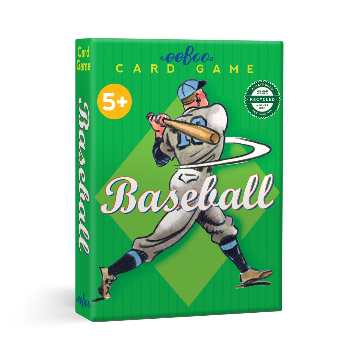 Packaging for eeBoo Baseball Playing Cards featuring an illustration of a vintage baseball player on a green background. Available at Be Charmed