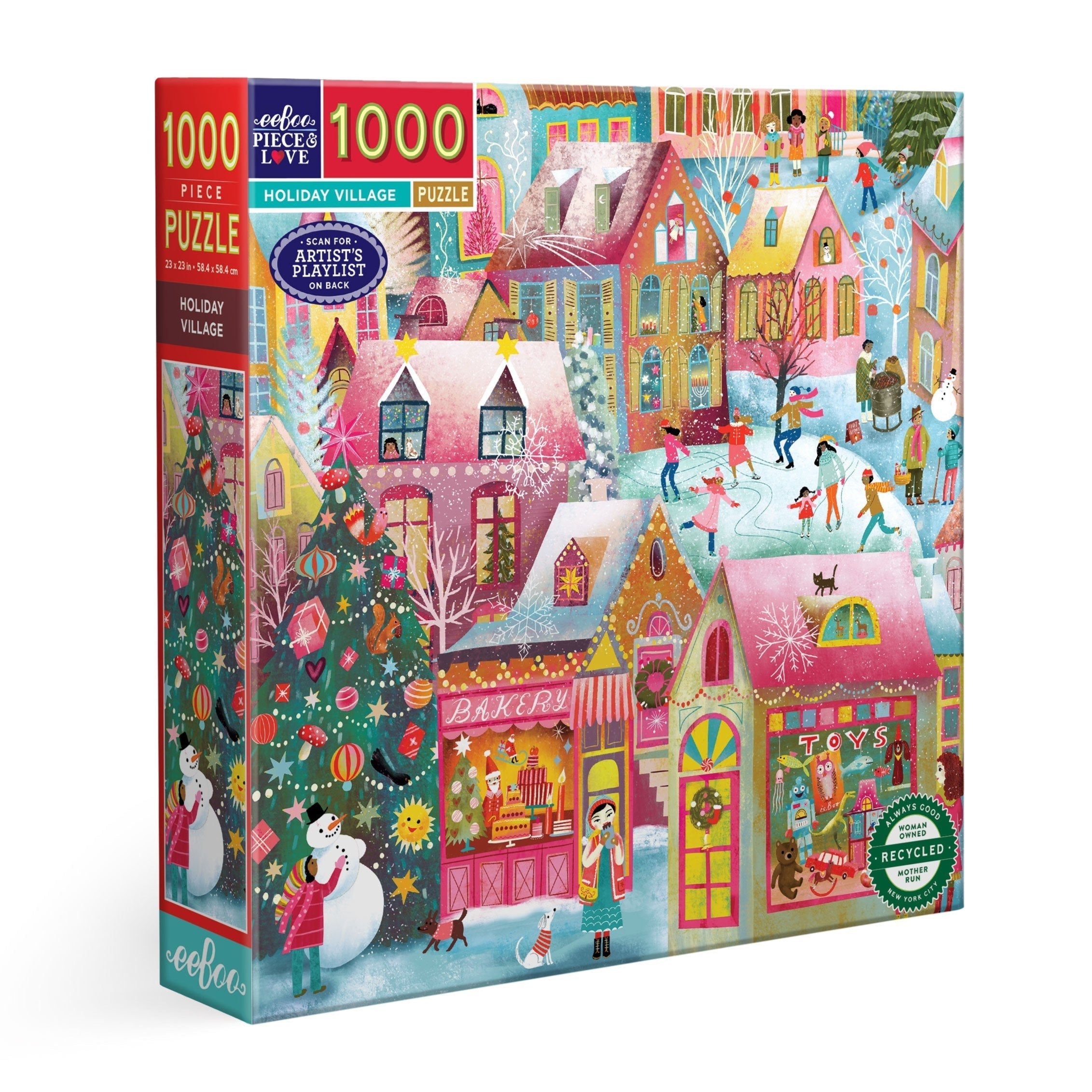 eeBoo Holiday Village 1000 Piece Puzzle – festive winter holiday jigsaw with cozy cottages and seasonal charm. Available at Be Charmed.