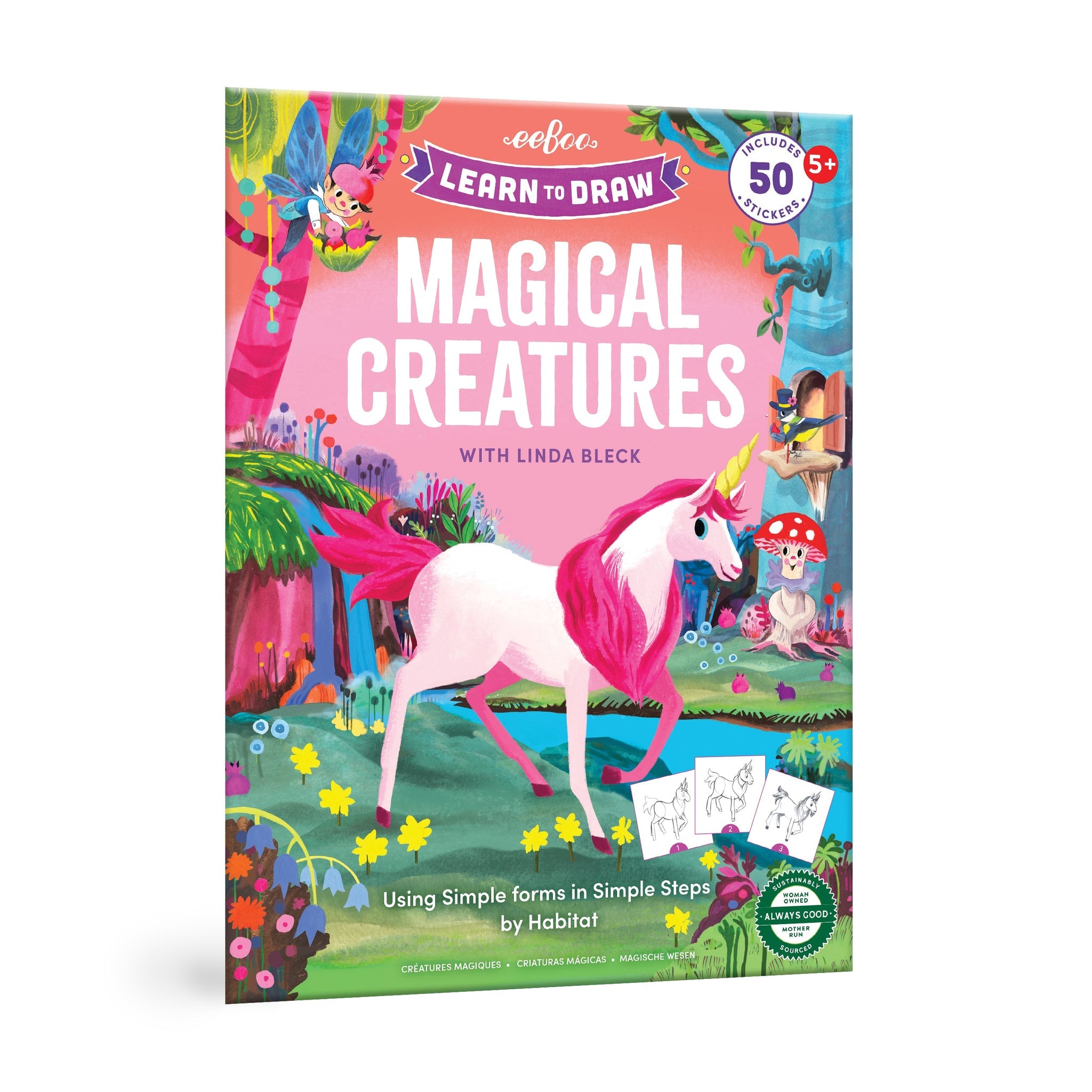 A cover of the 'eeBoo - Learn To Draw - Magical Creatures With Stickers' book, featuring colorful illustrations of magical creatures like unicorns and fairies, along with text and drawing instructions. Avalable at Be Charmed