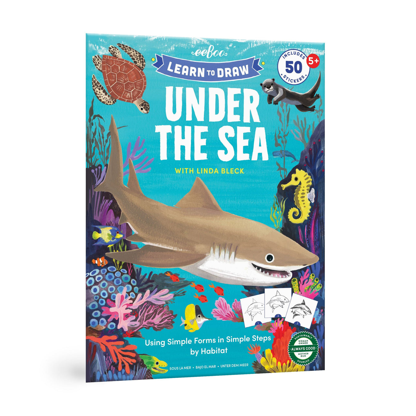 A cover of the 'eeBoo - Learn To Draw - Under The Sea With Stickers' book featuring colorful illustrations of sea creatures and a shark on the front. Available at Be Charmed