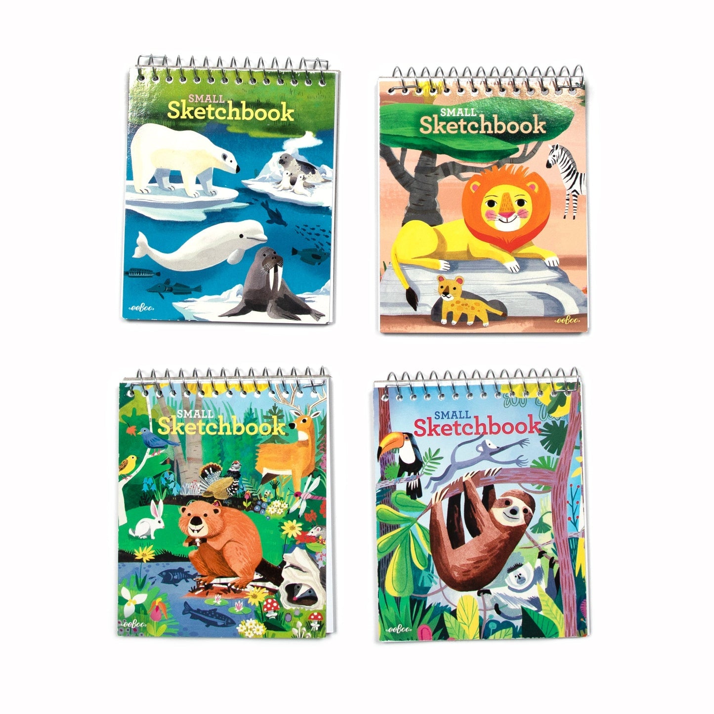 Four small sketchbooks with animal-themed covers on a white background. Available at Be Charmed