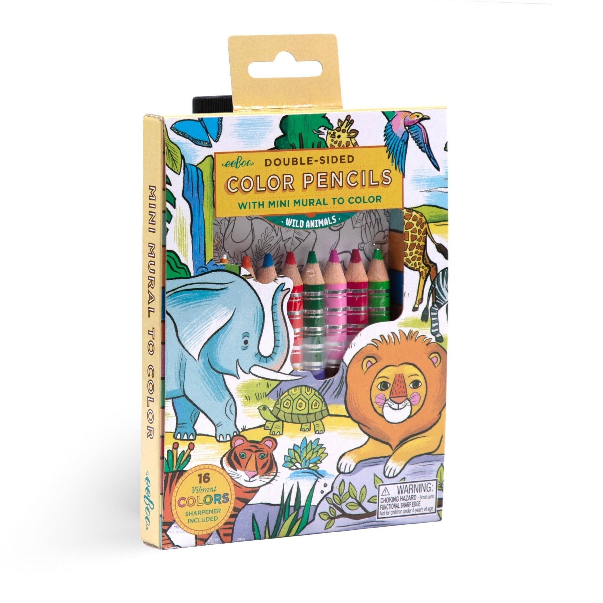 Packaging for eeBoo - Wild Animals Biggie Mini Mural, featuring color pencils with double-sided biggie color pencils and a fold-out mini mural with wild animal illustrations. Available at Be Charmed