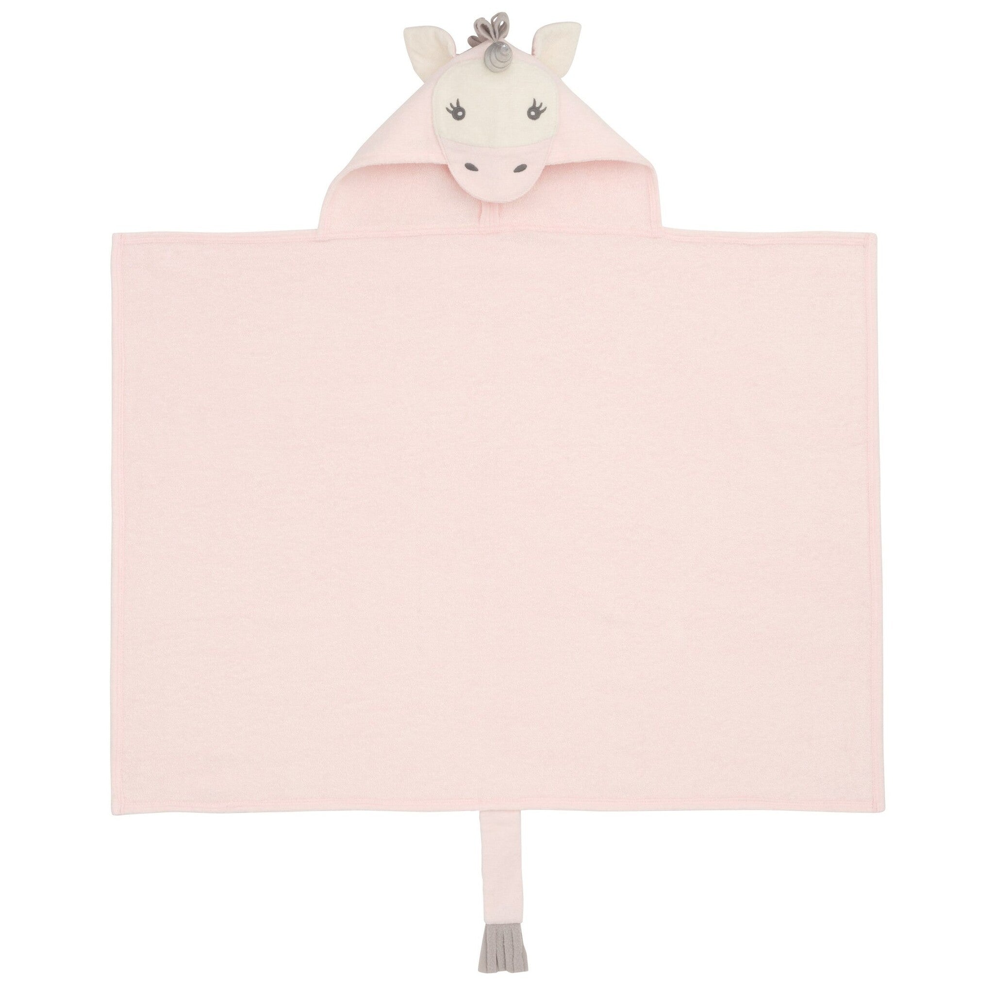 Opened Elegant Baby Pink Unicorn Bath Wrap – soft hooded towel for newborns and toddlers with whimsical unicorn design. Available at Be Charmed.