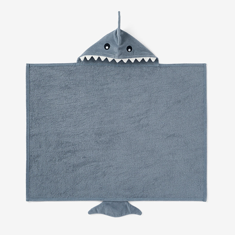 Opened Elegant Baby Shark Slate Bath Wrap – soft hooded towel for newborns and toddlers with playful shark design. Available at Be Charmed.