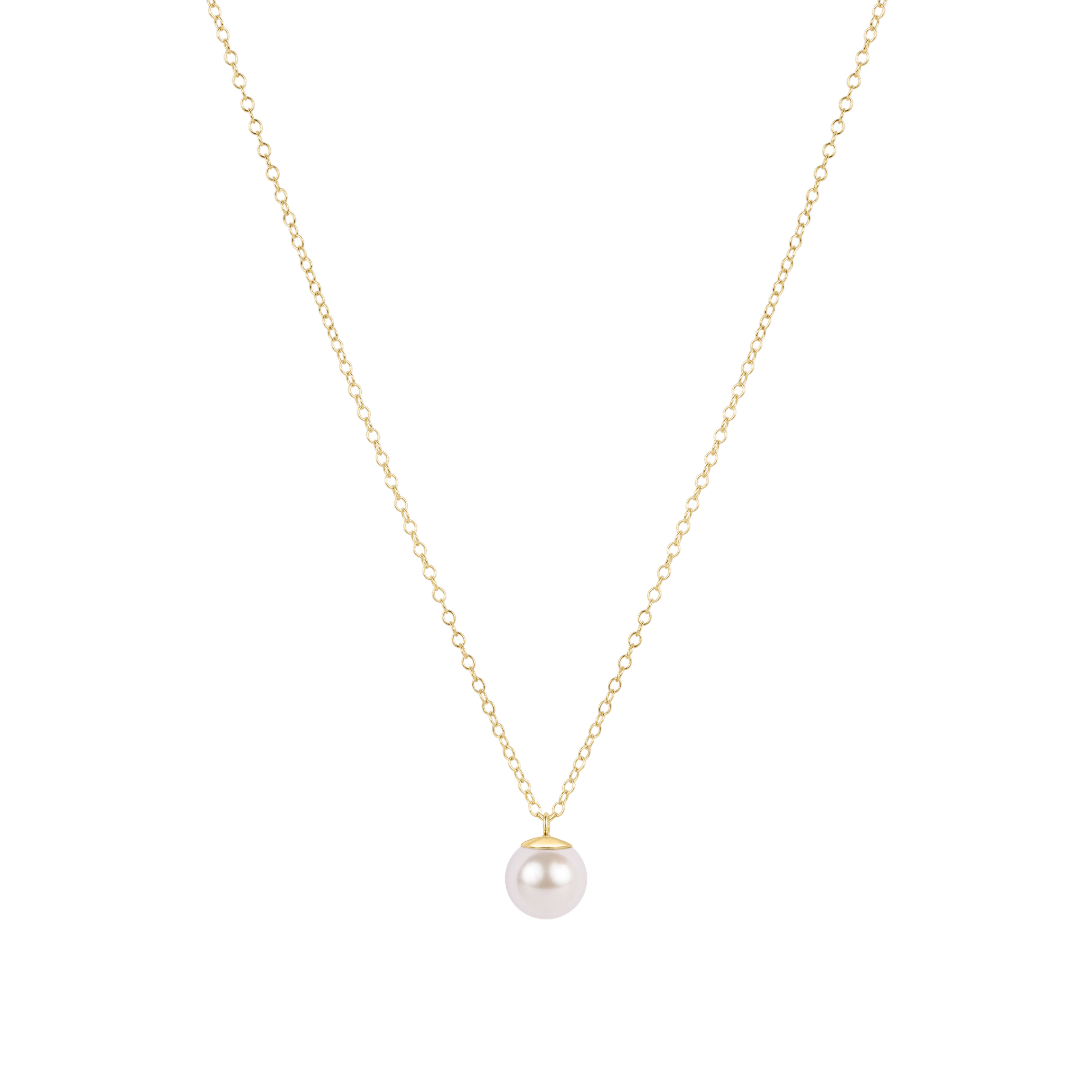 Gold necklace with a single pearl pendant on a white background. Available at Be Charmed