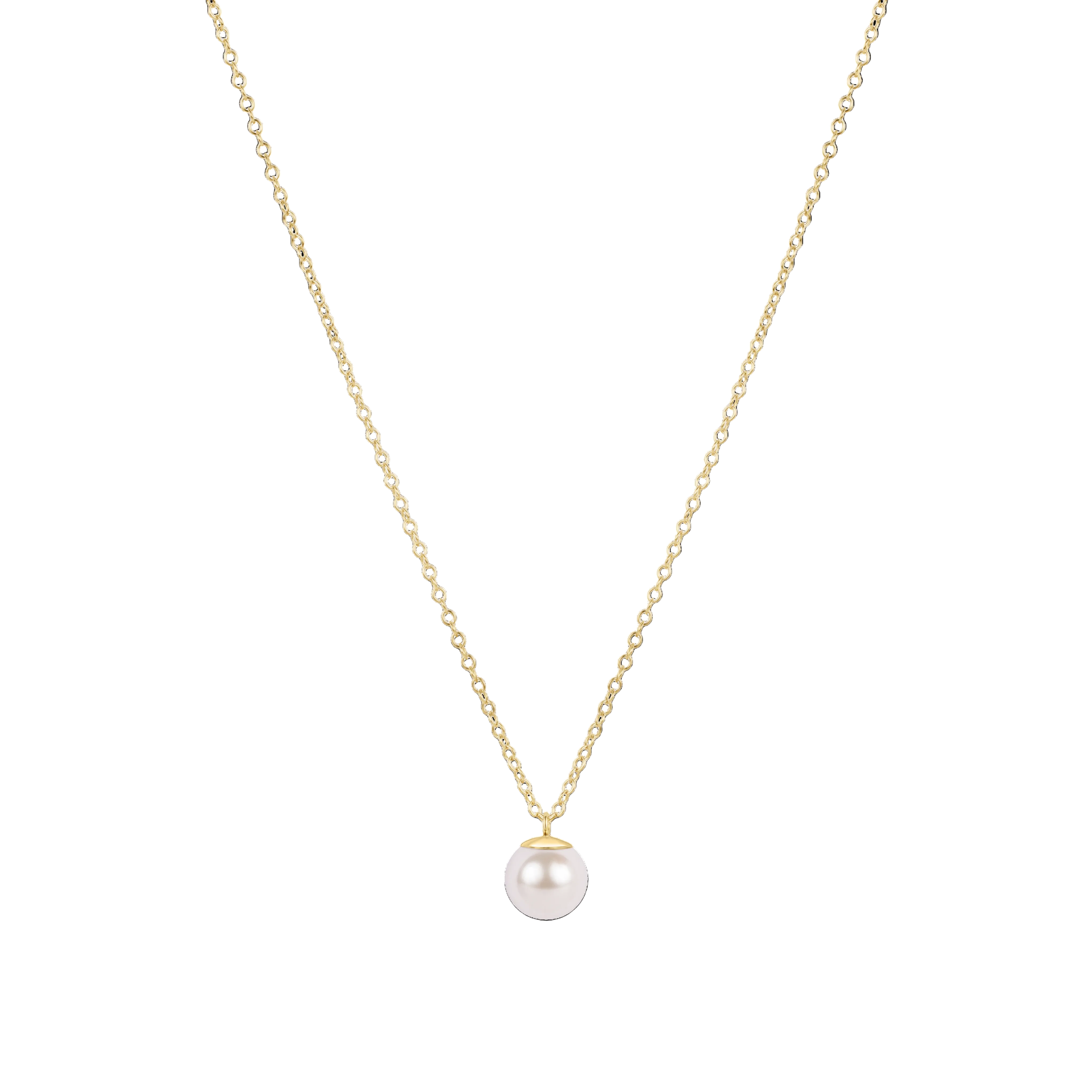 Gold necklace with a single pearl pendant on a white background. Available at Be Charmed