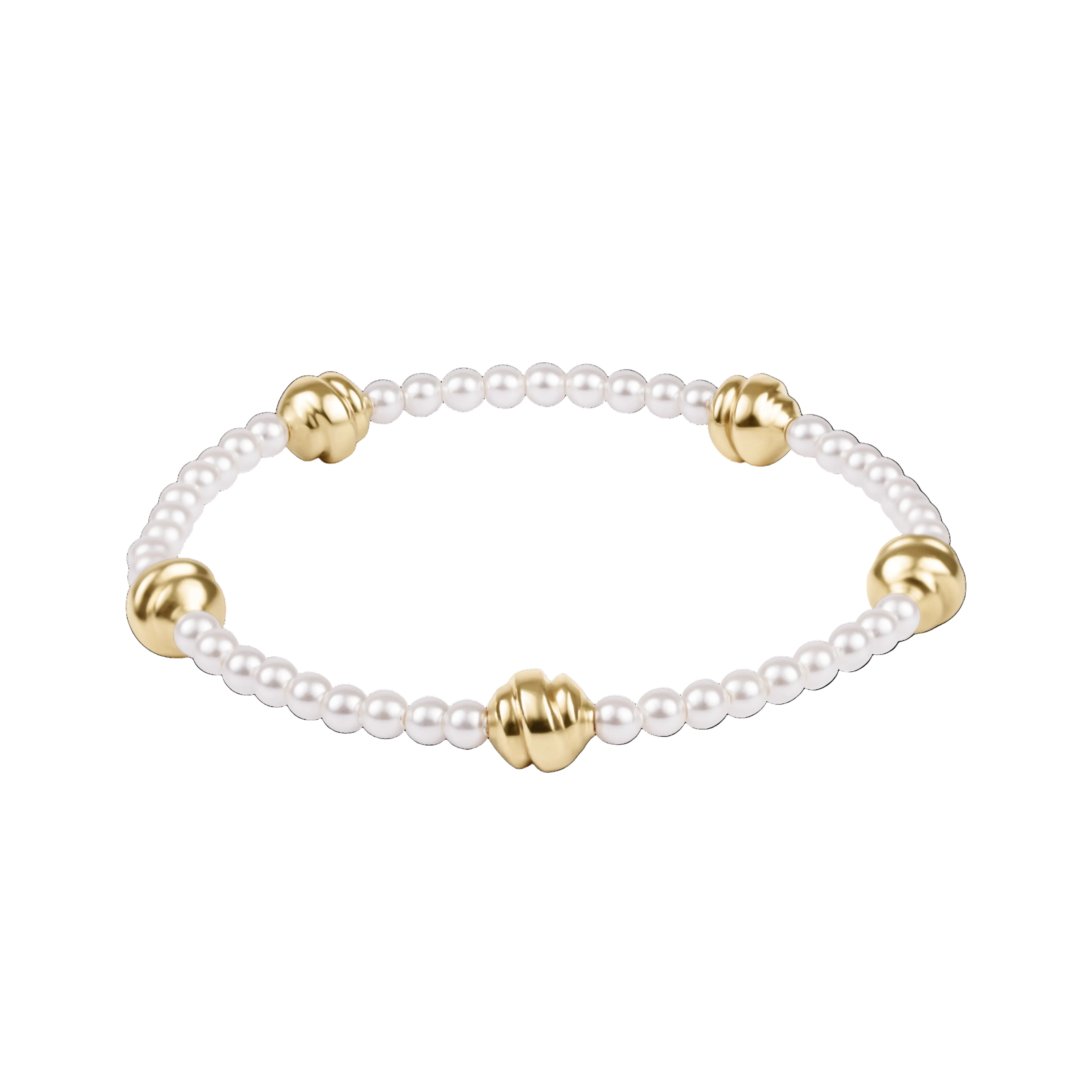Pearl bracelet with gold beads on a white background. Available at Be Charmed