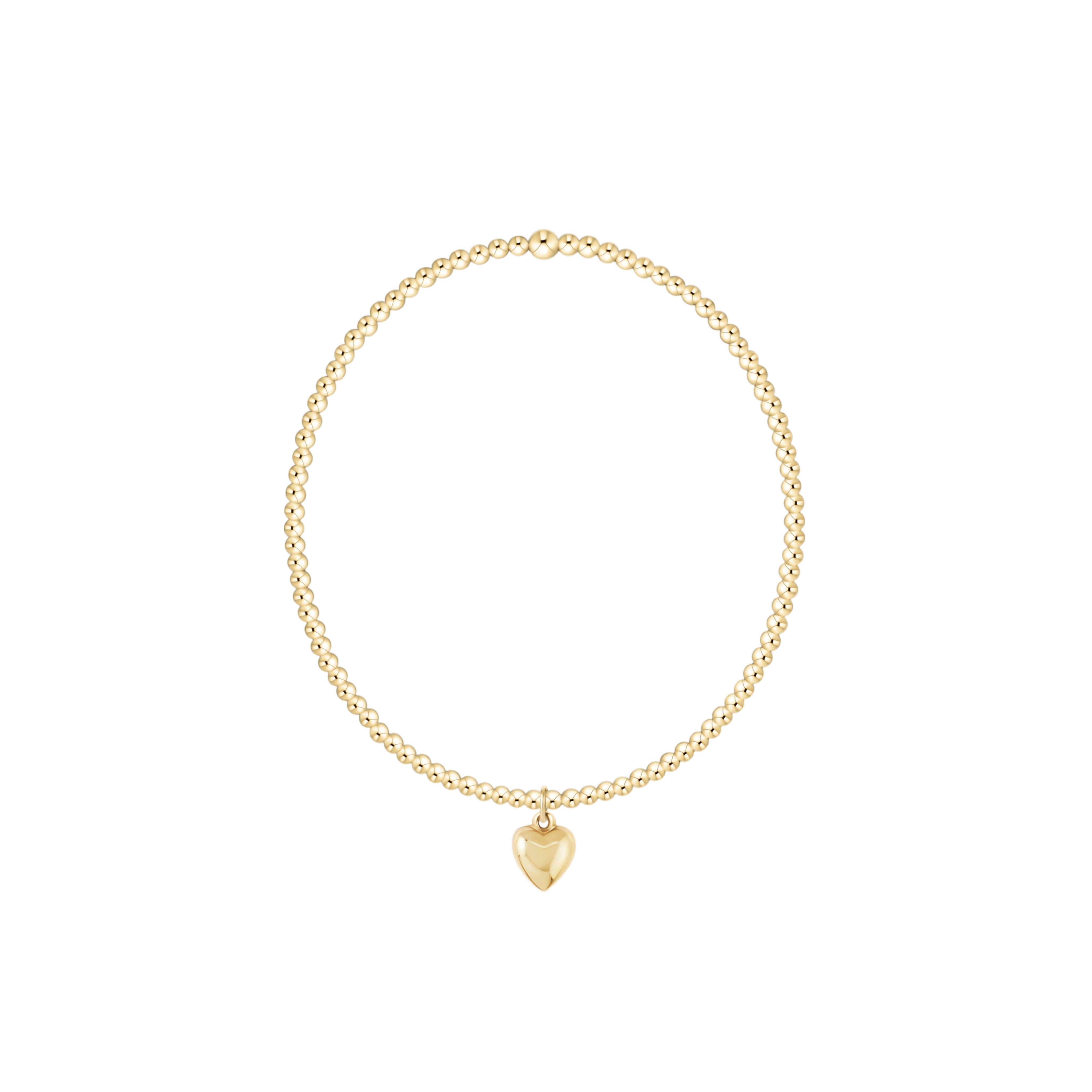 Gold bracelet with a heart-shaped charm on a white background. Available at Be Charmed