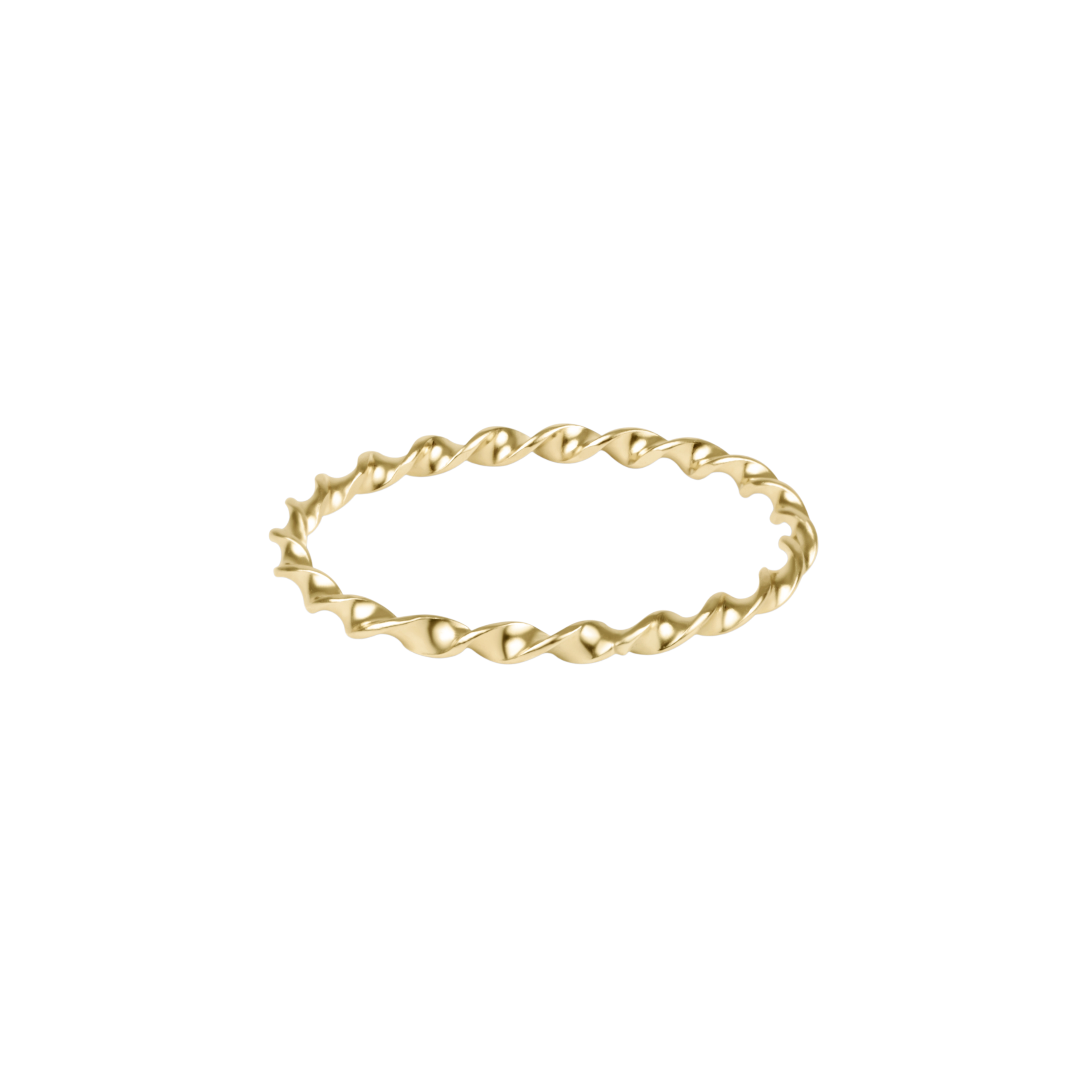 Gold ring with a twisted design on a white background. Available at Be Charmed