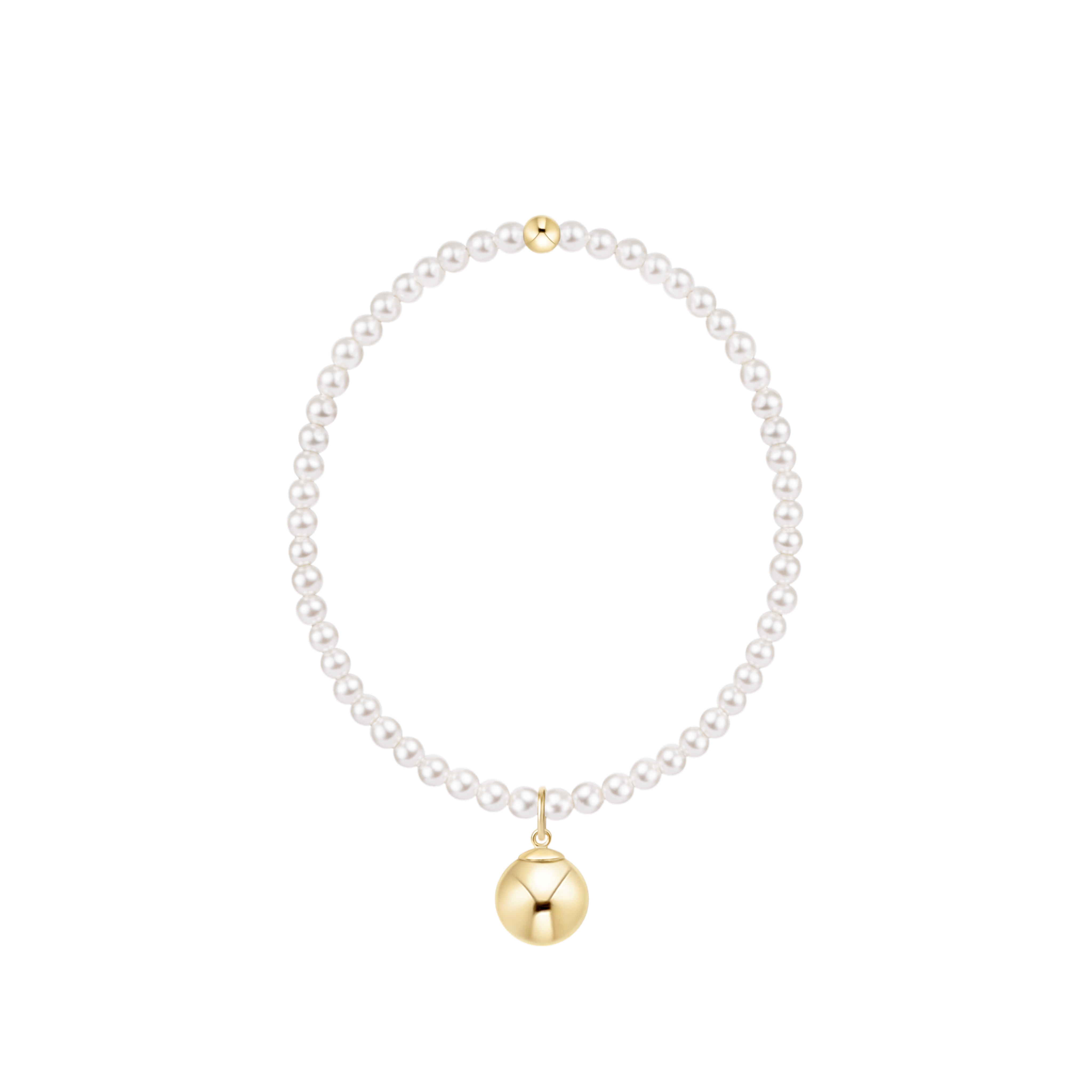 Pearl bracelet with a gold charm on a white background. Available at Be Charmed