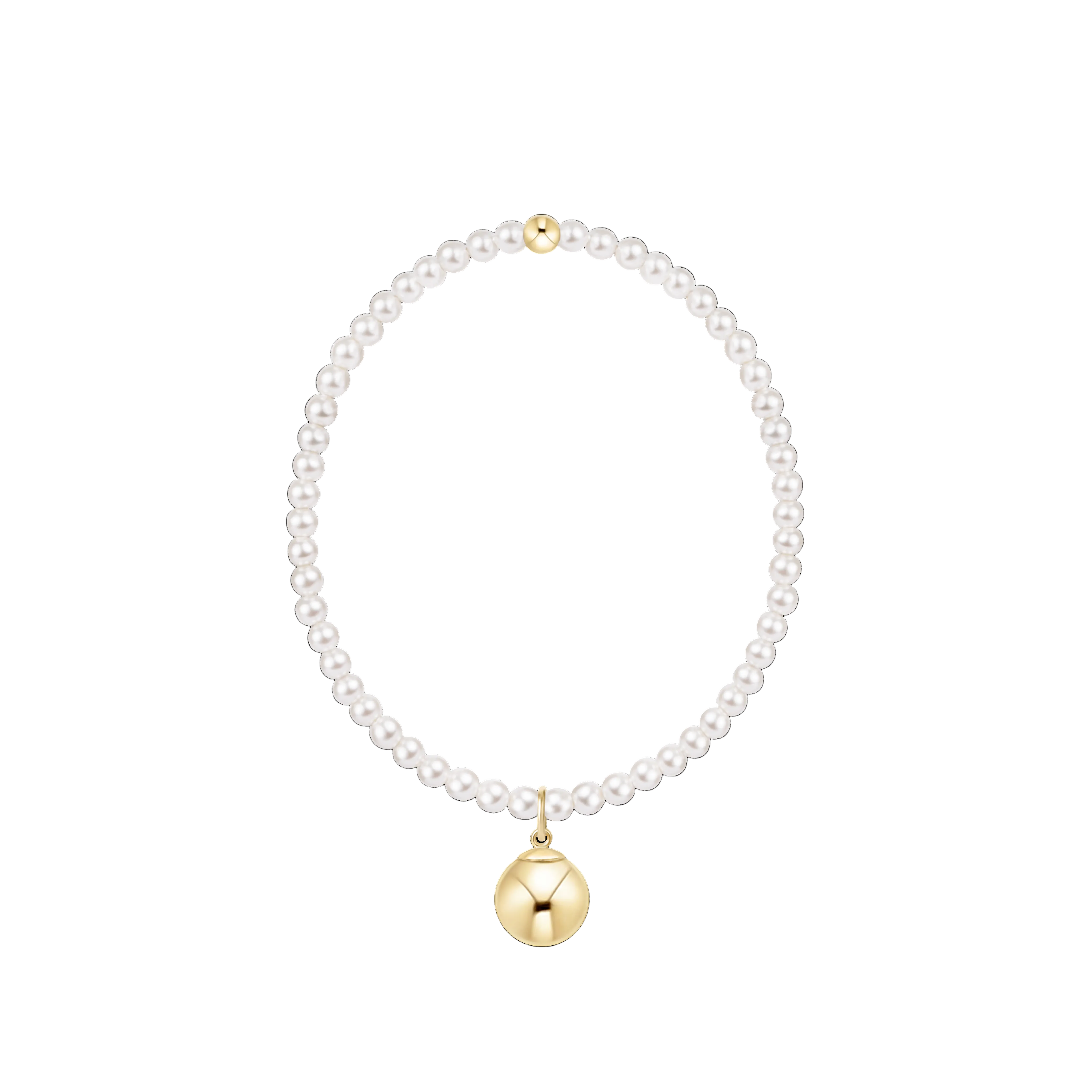 Pearl bracelet with a gold charm on a white background. Available at Be Charmed