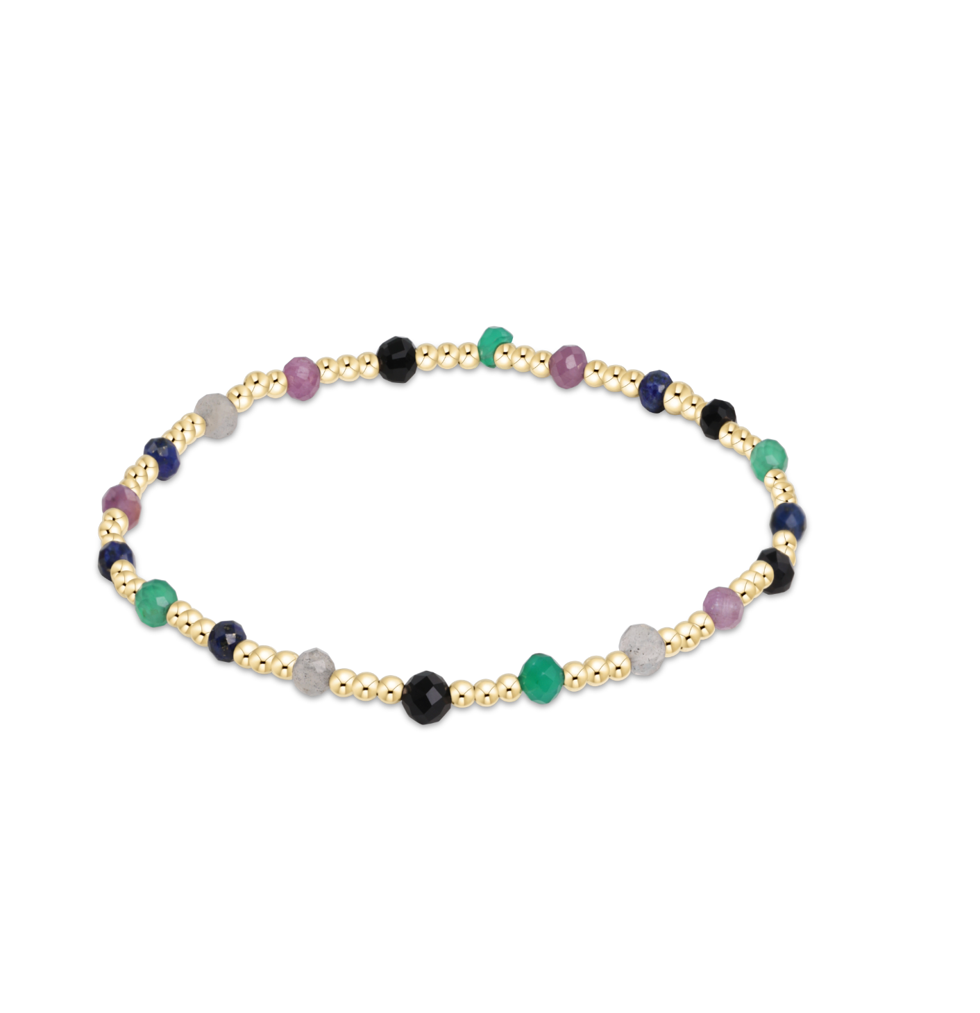 A multicolored bead bracelet with gold accents and a hot mess design, featuring a variety of colored beads and a gold-filled chain. Available at Be Charmed