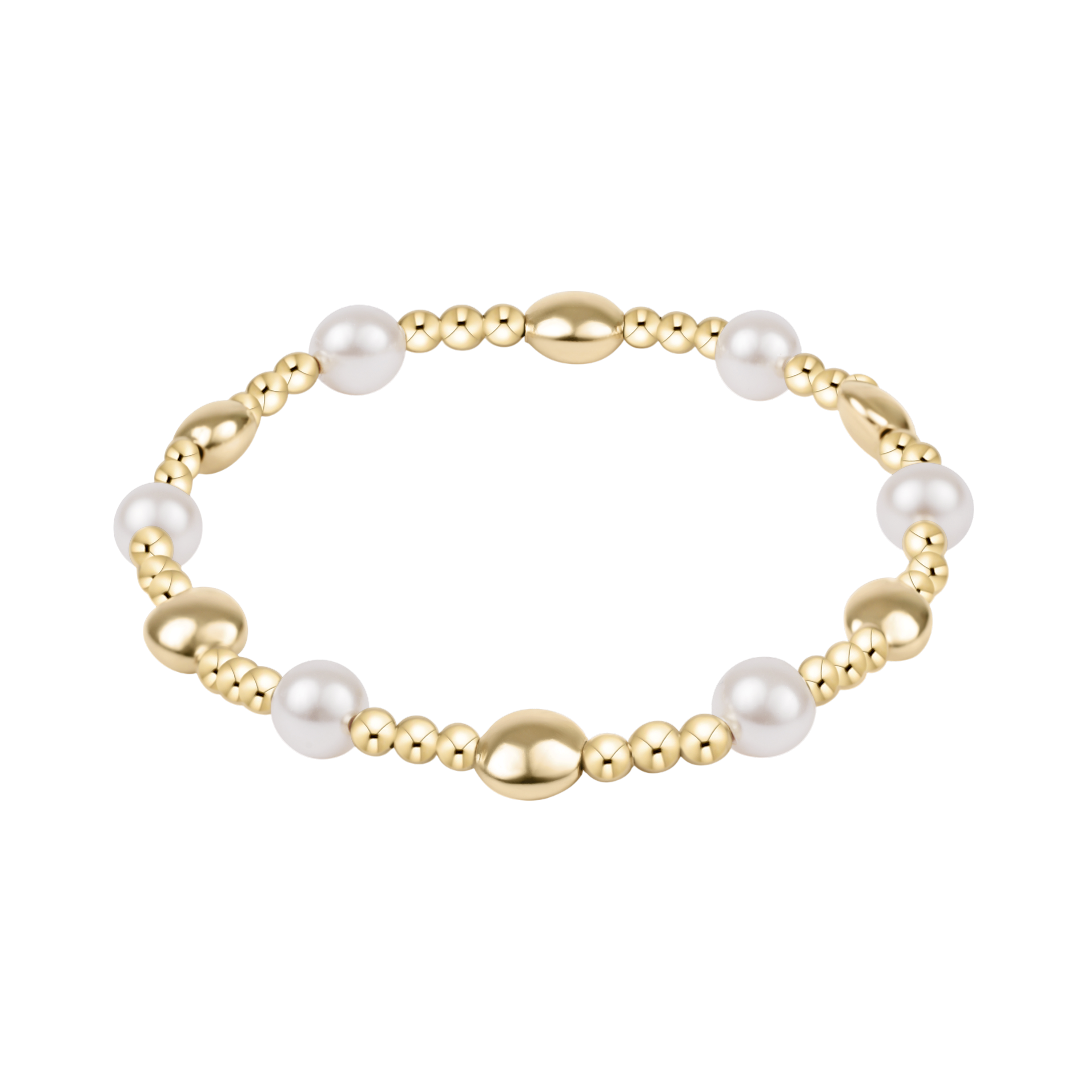 Gold and pearl bracelet on a white background. Available at Be Charmed