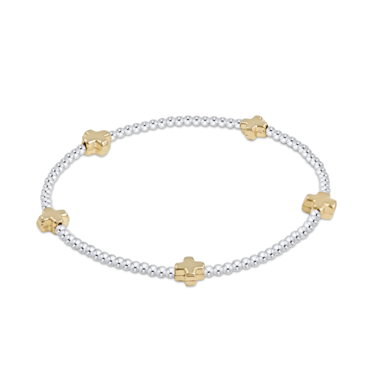 Gold Signature Cross Small Sterling Mixed Metal Bead 2mm Bracelet by enewton featuring gold-filled and sterling beads with a small cross; available at Be Charmed