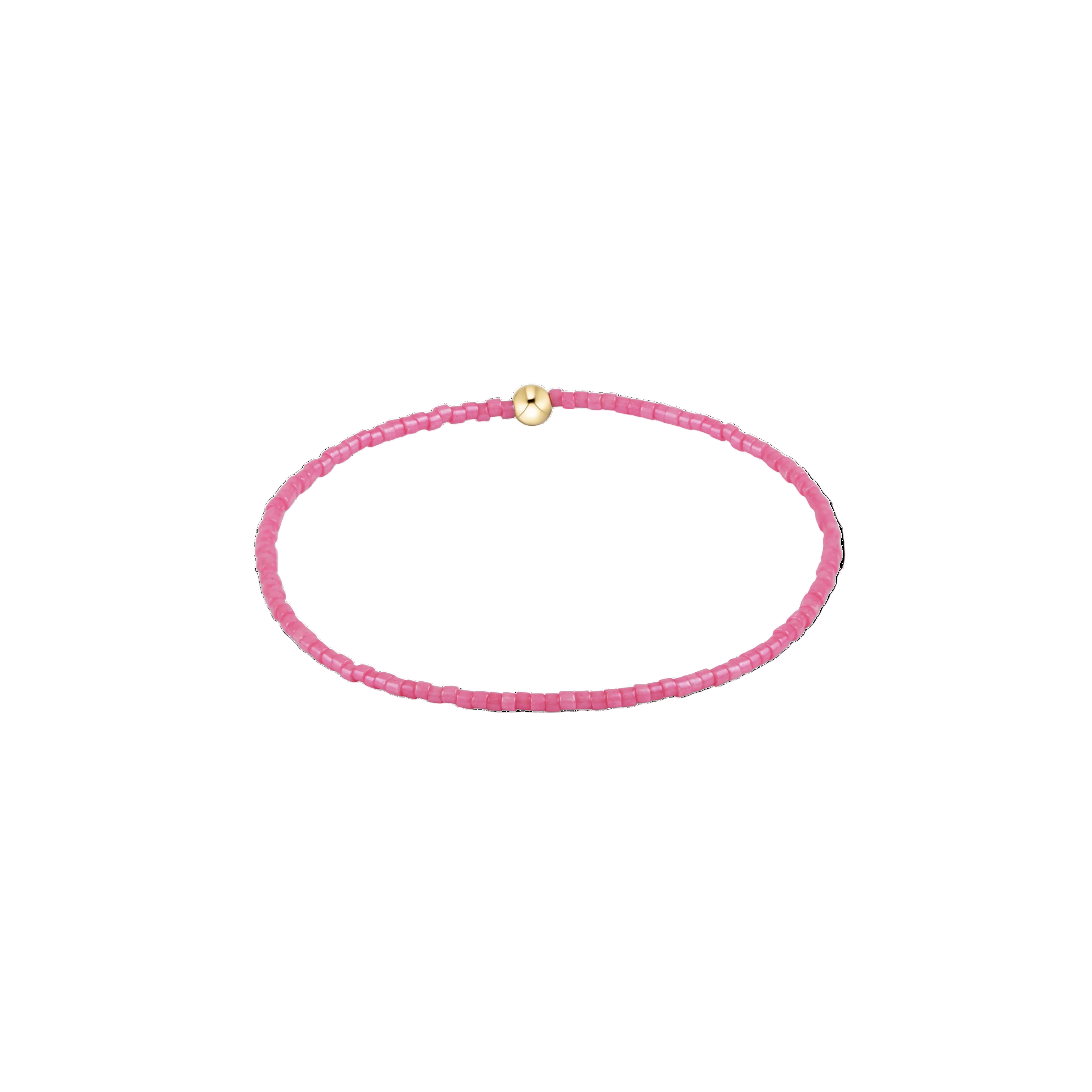 Pink beaded bracelet with a gold clasp on a white background. Available at Be Charmed