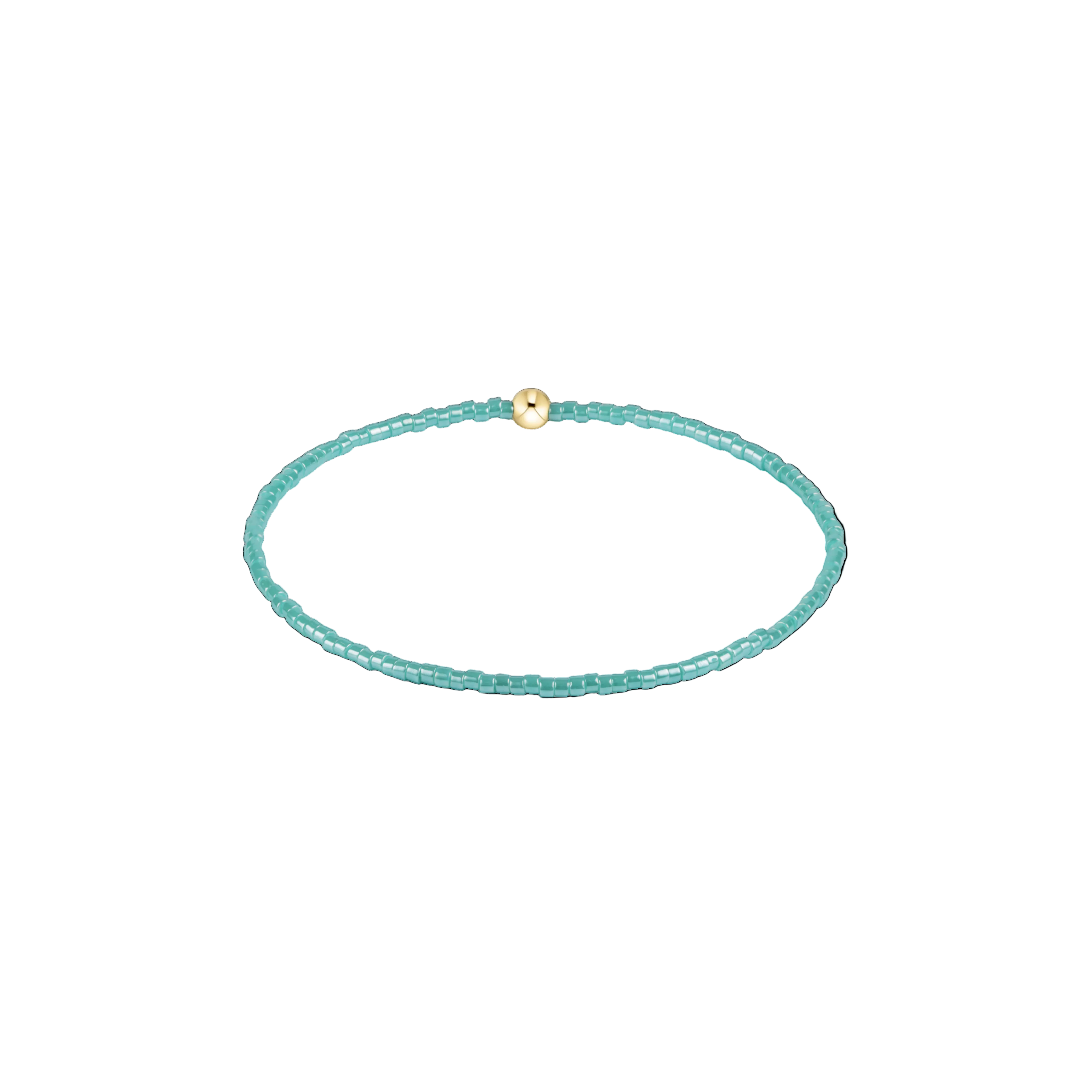 Turquoise beaded bracelet with a gold clasp on a white background. Available at Be Charmed