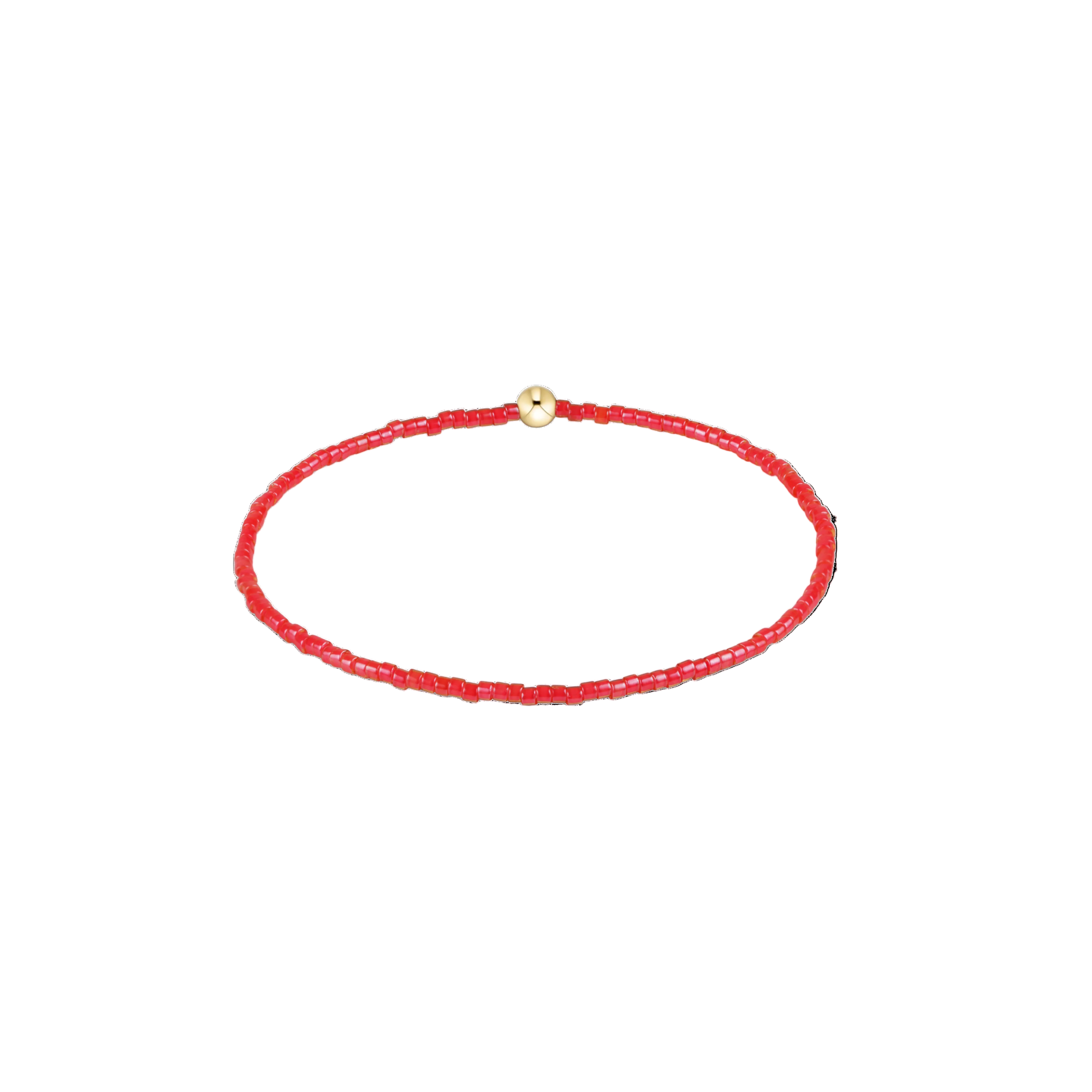 Red beaded bracelet with a gold clasp on a white background. Available at Be Charmed