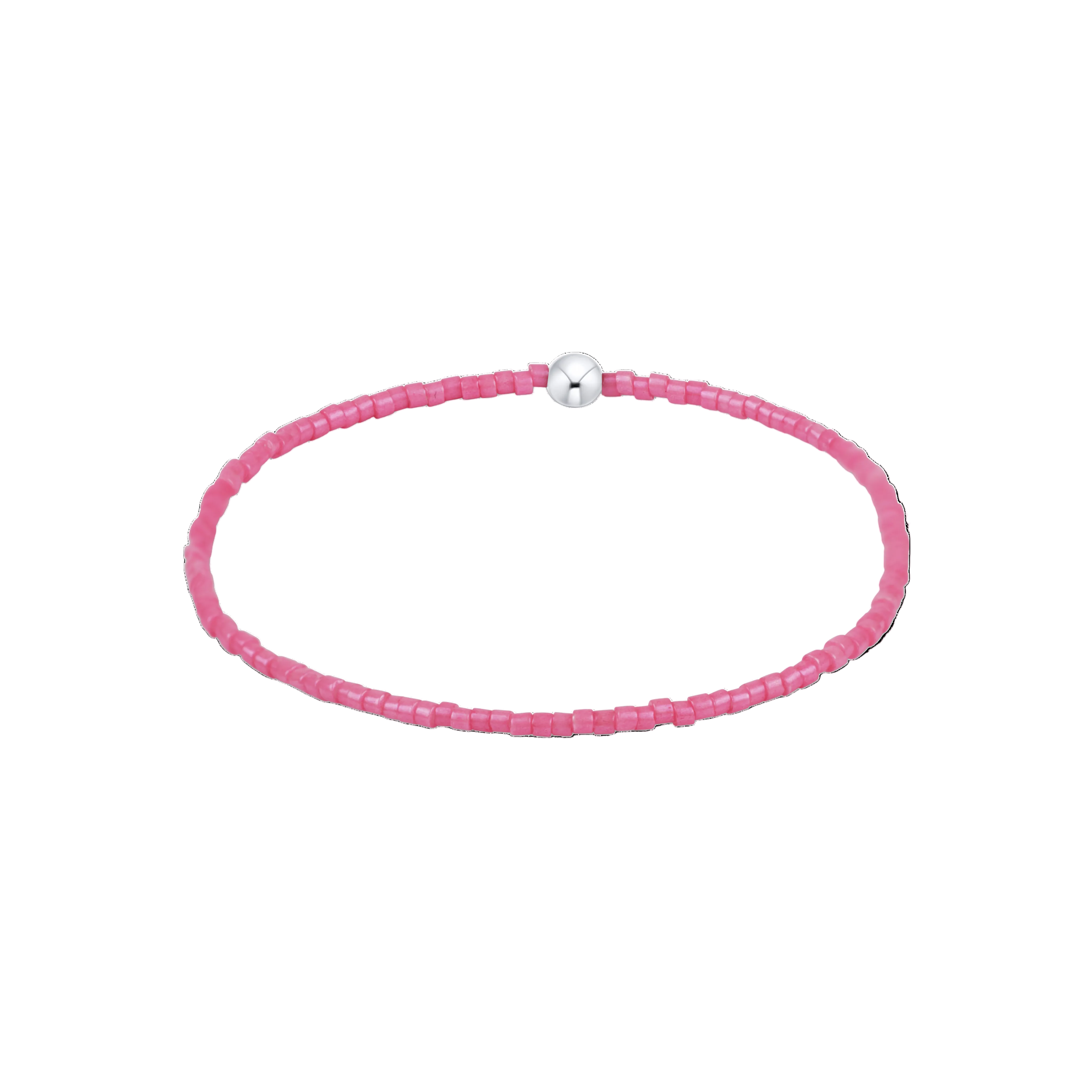 Pink beaded bracelet with a silver clasp on a white background. Available at Be Charmed