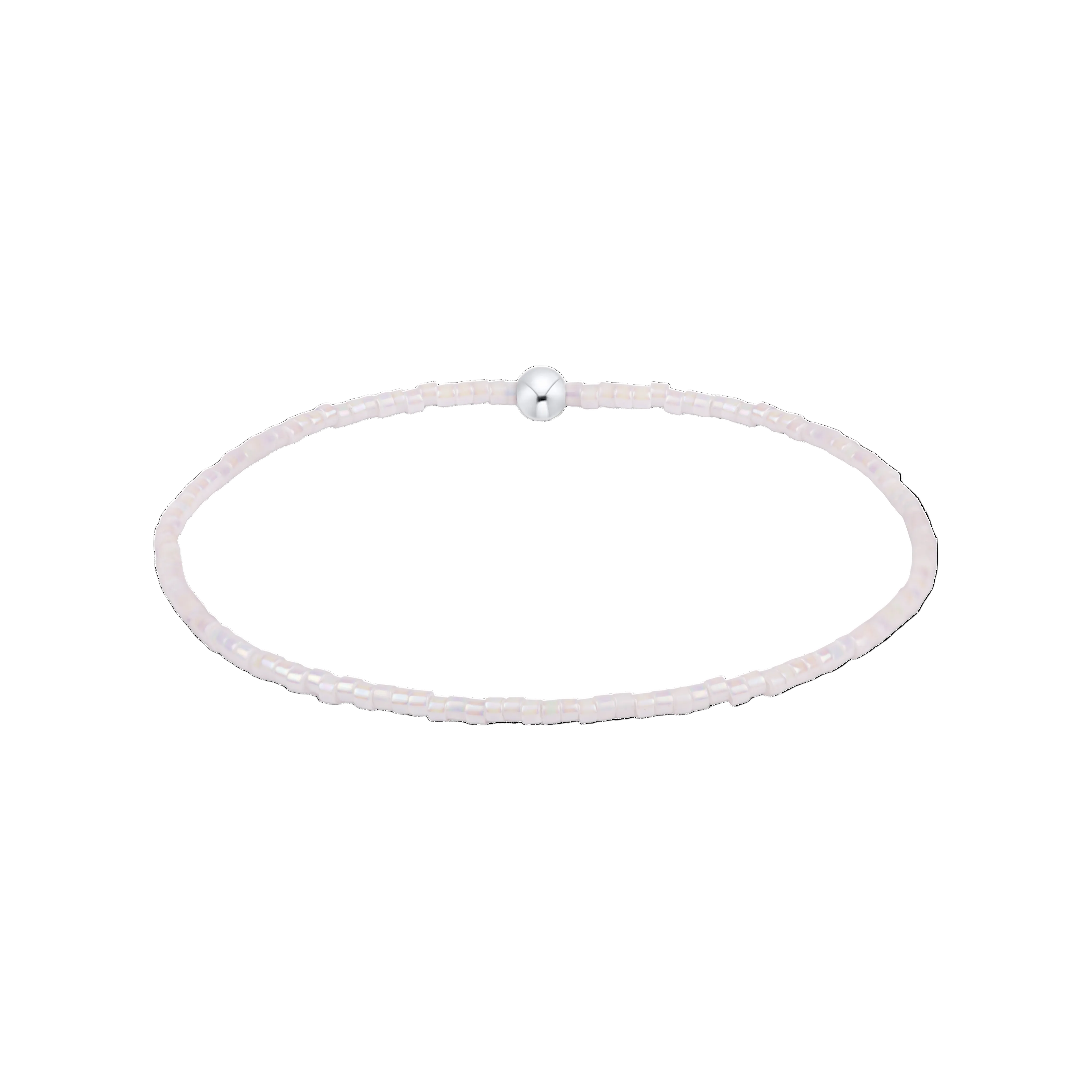 Silver bracelet with a single bead on a white background. Available at Be Charmed