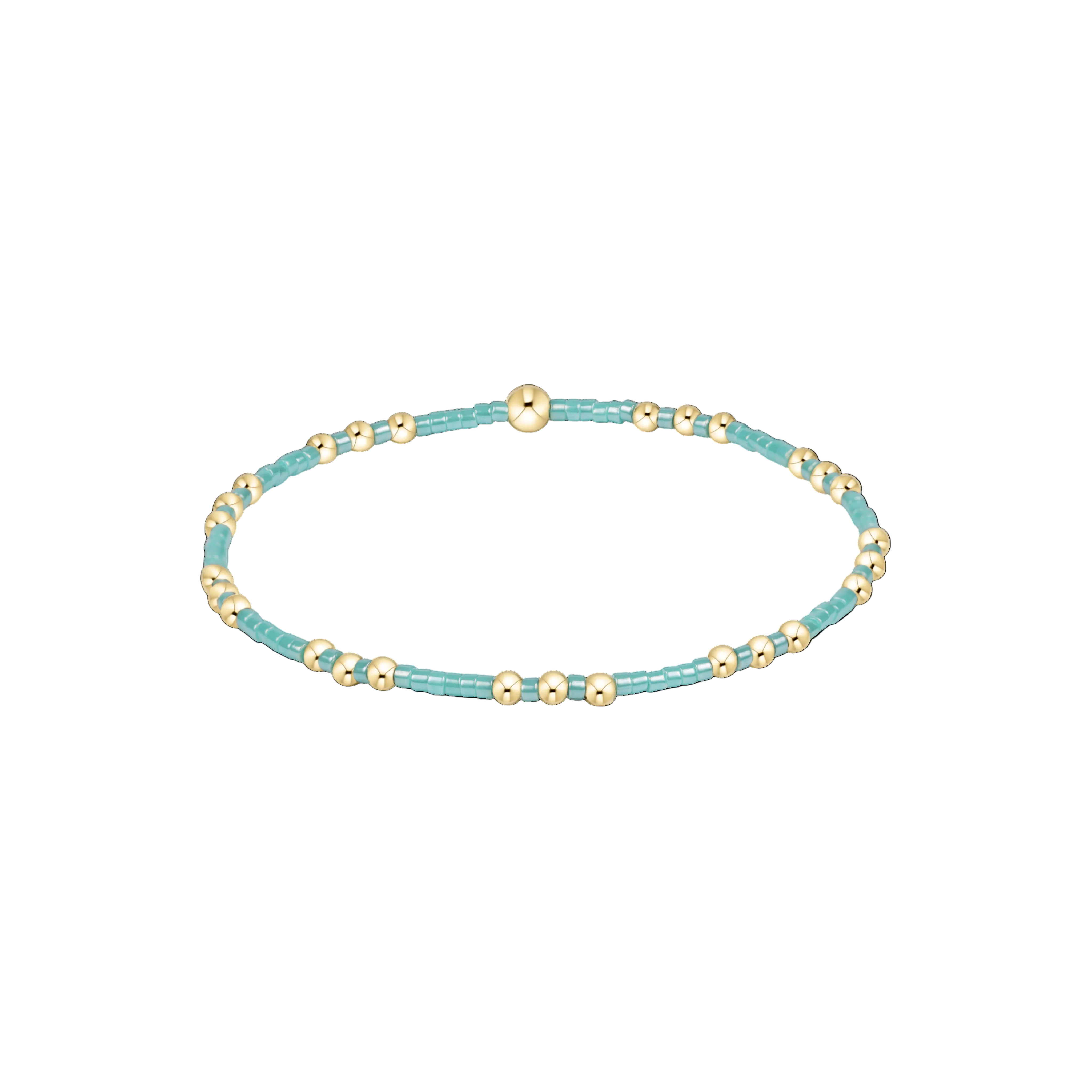 Turquoise beaded bracelet with gold accents on a white background. Available at Be Charmed