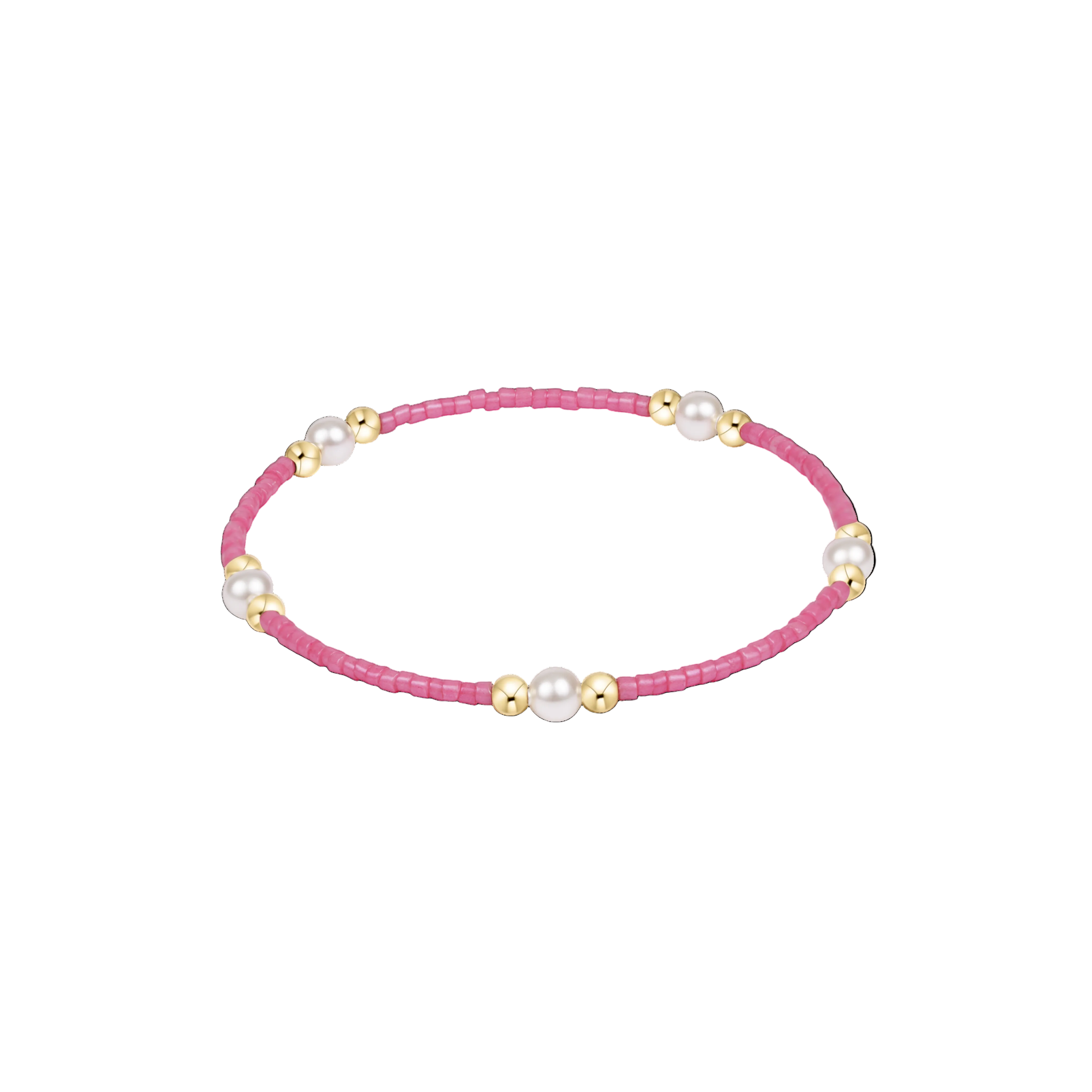 Bracelet with pink beads and gold accents on a white background. Available at Be Charmed