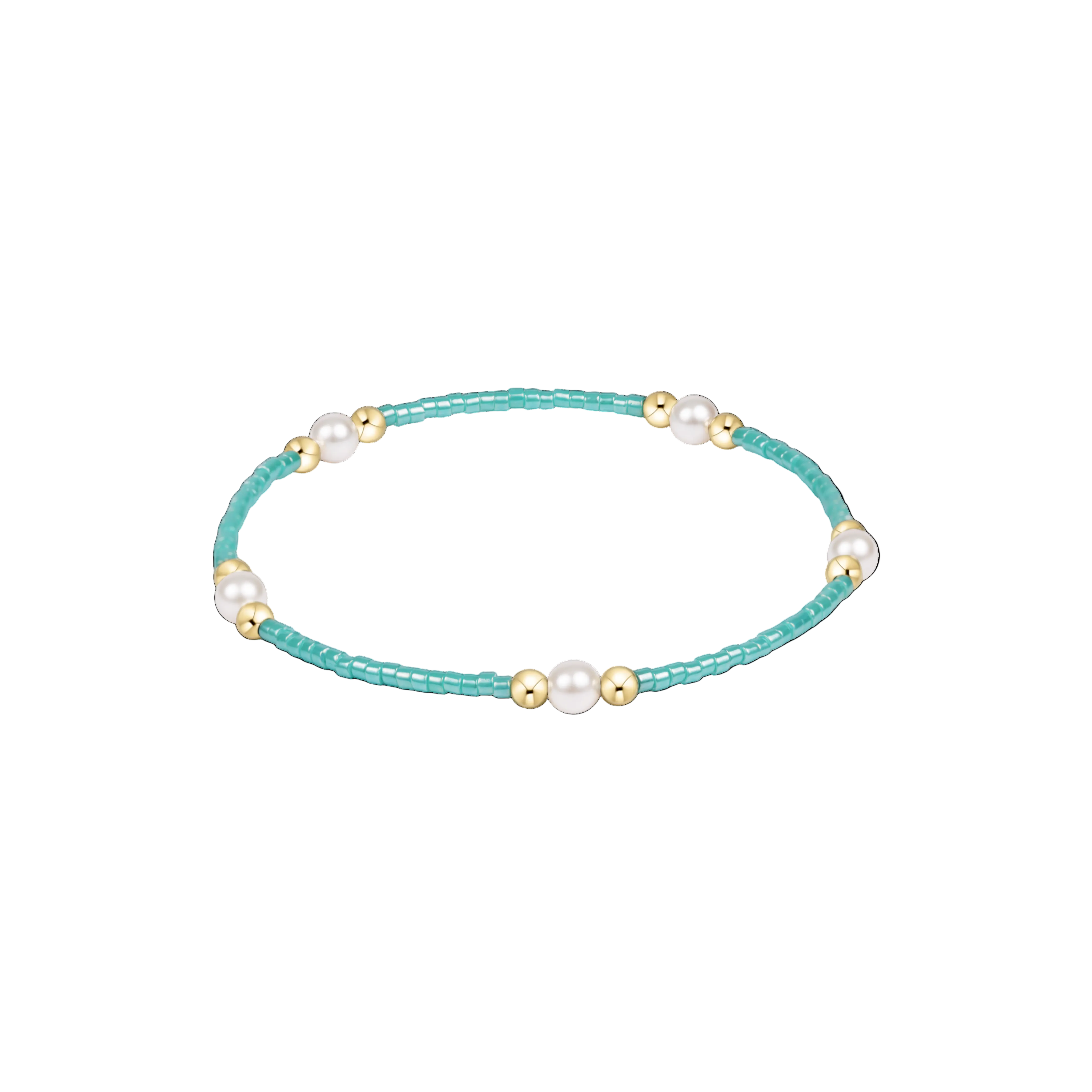 Turquoise beaded bracelet with pearls and gold accents on a white background. Available at Be Charmed