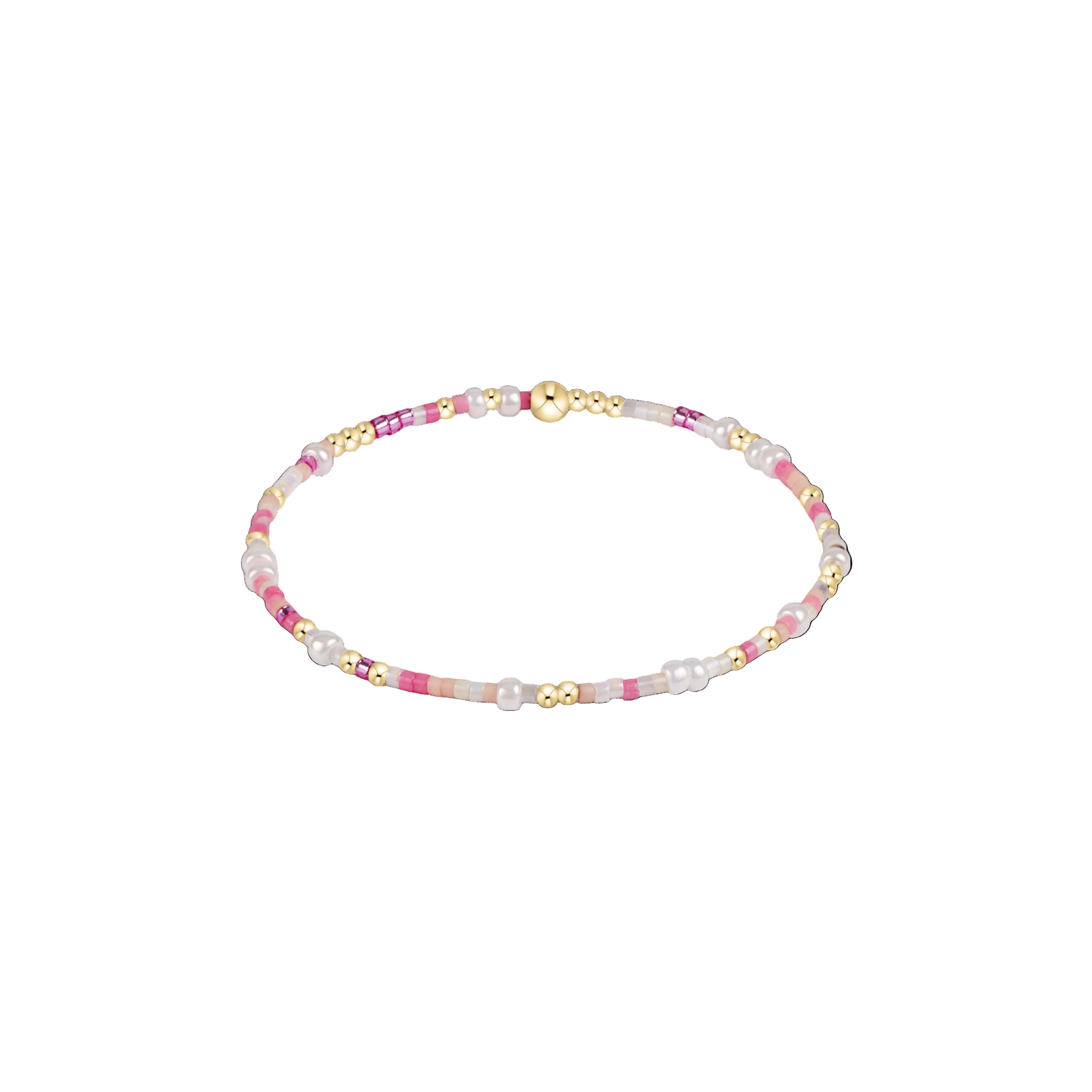 Beaded bracelet with pink, gold, and white beads on a white background. Available at Be Charmed