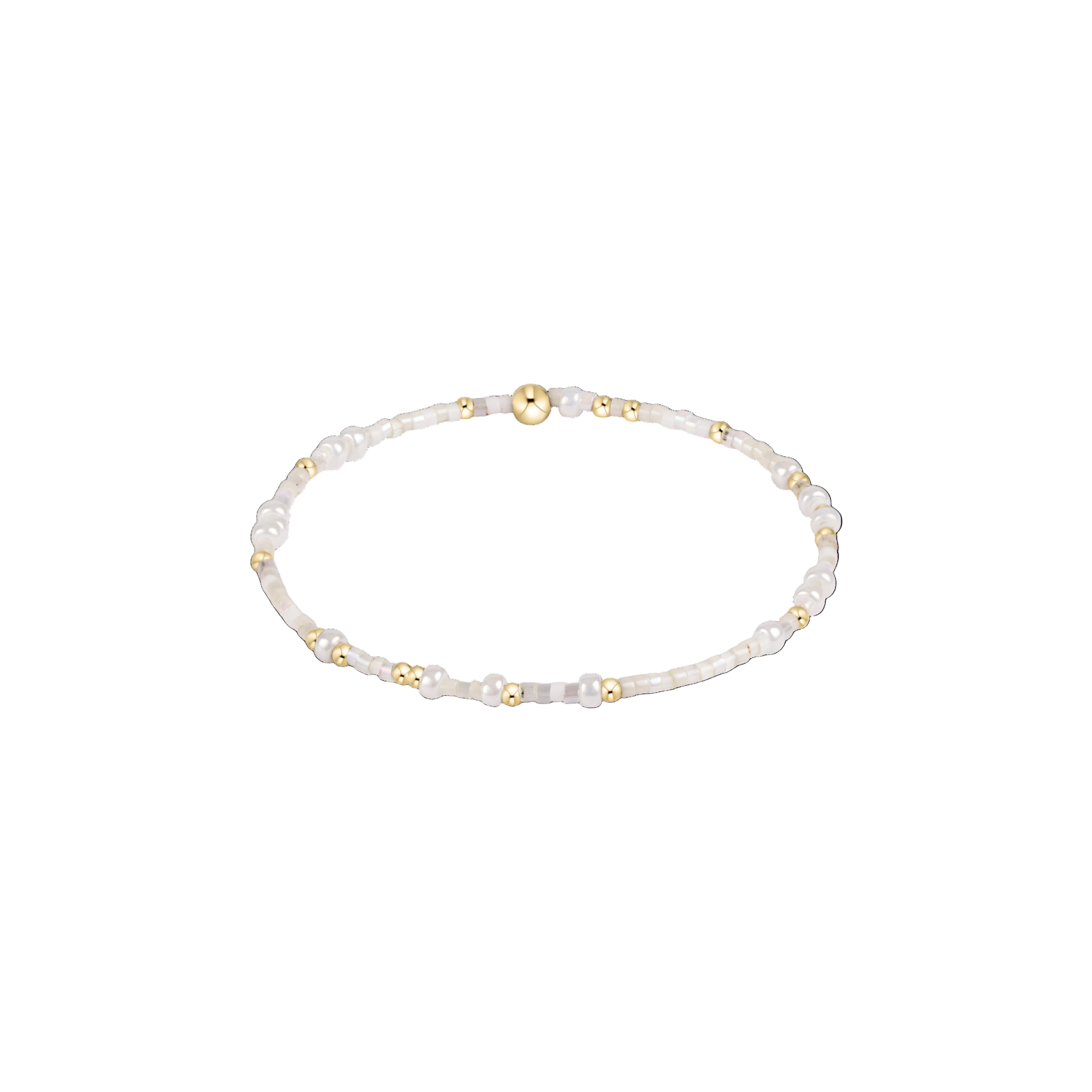 Pearl and gold beaded bracelet on a white background. Available at Be Charmed