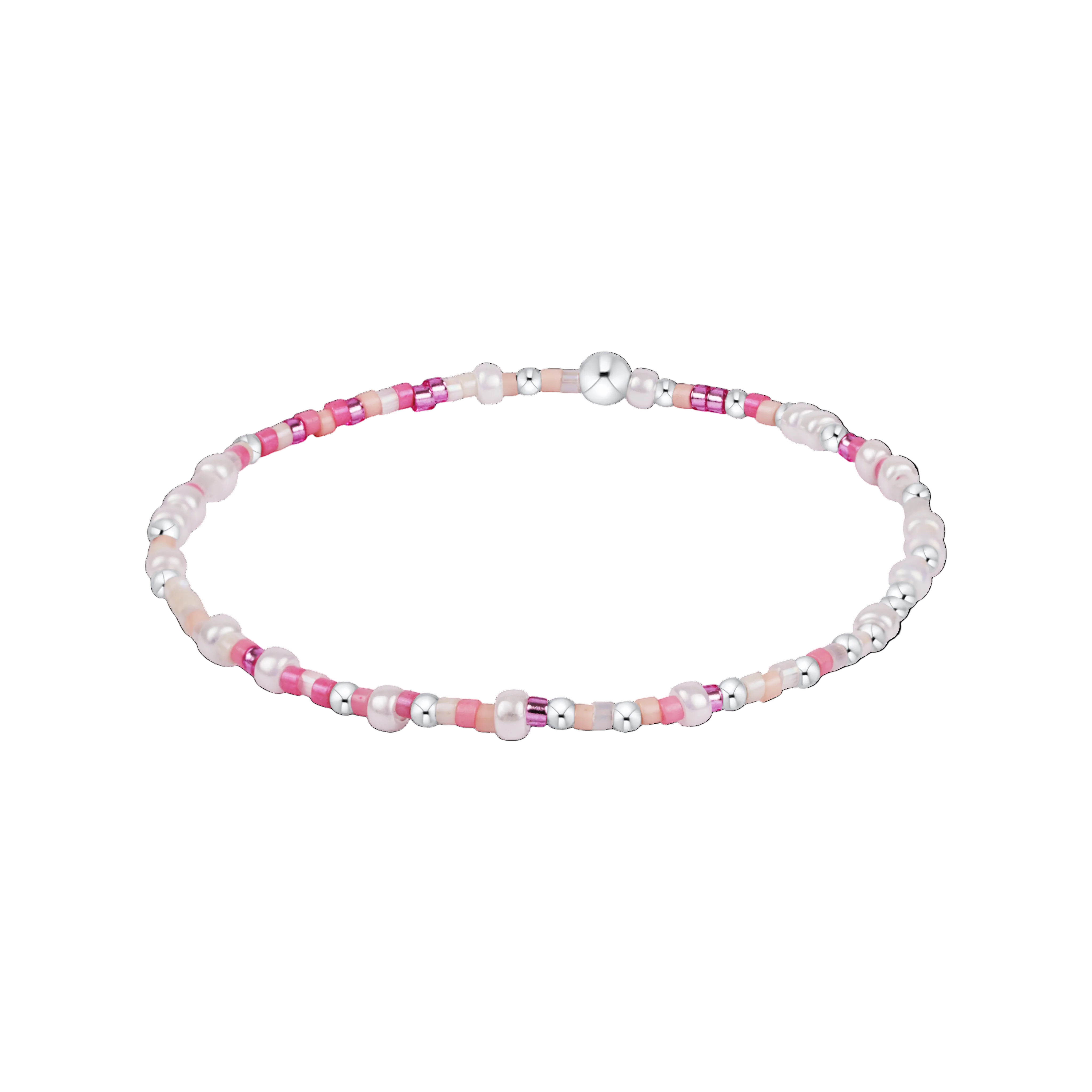 Beaded bracelet with pink and white beads on a white background. Available at Be Charmed
