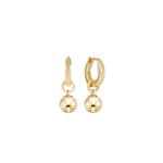 Gold hoop earrings with round pendants on a white background. Available at Be Charmed