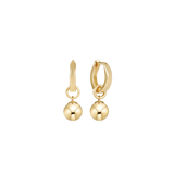 Gold hoop earrings with round pendants on a white background. Available at Be Charmed