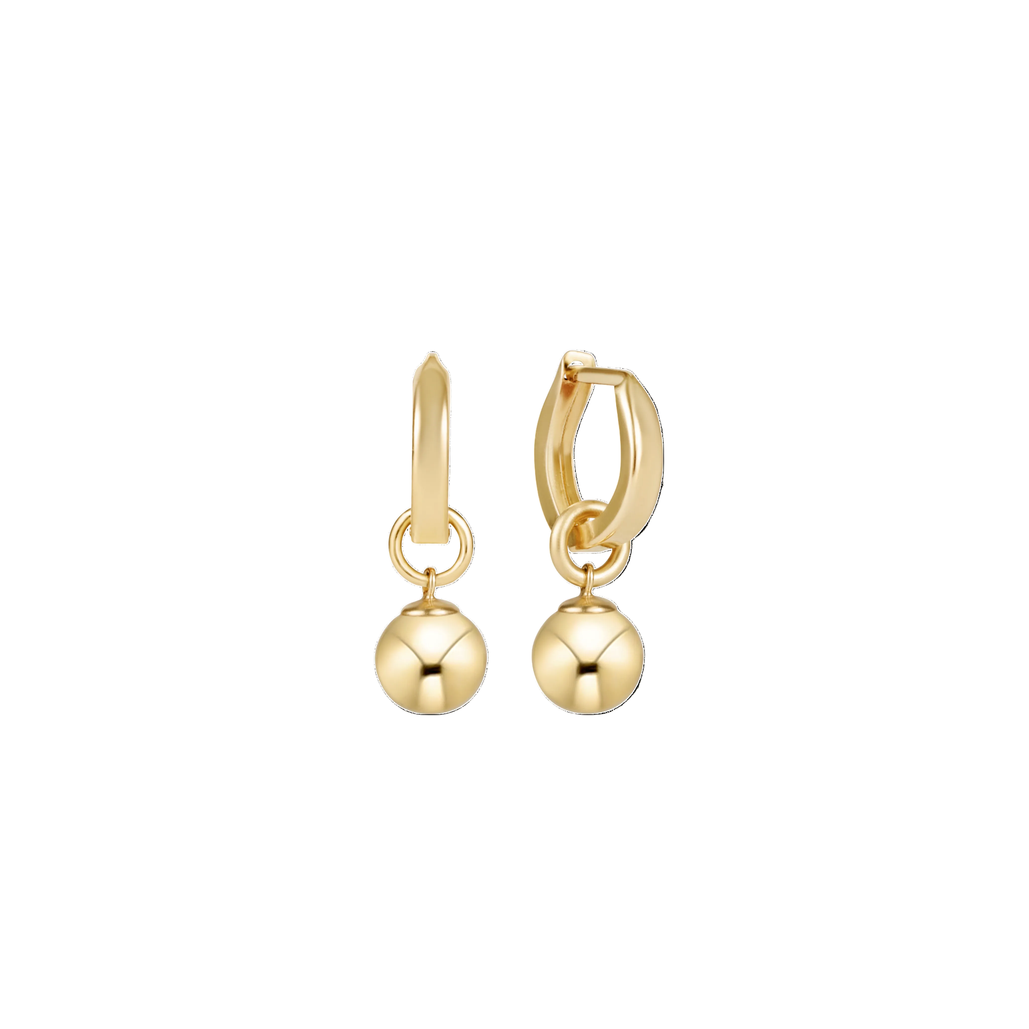 Gold hoop earrings with round pendants on a white background. Available at Be Charmed